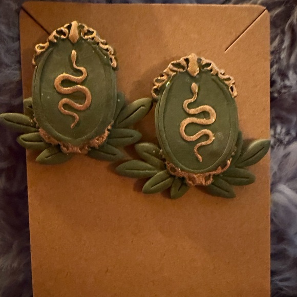 Jewelry - Green and Gold Snake Handmade Polymer Clay Earrings